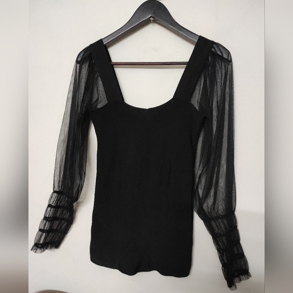 MNG Black Puffed Mesh Sleeve Top - Picture 1 of 12
